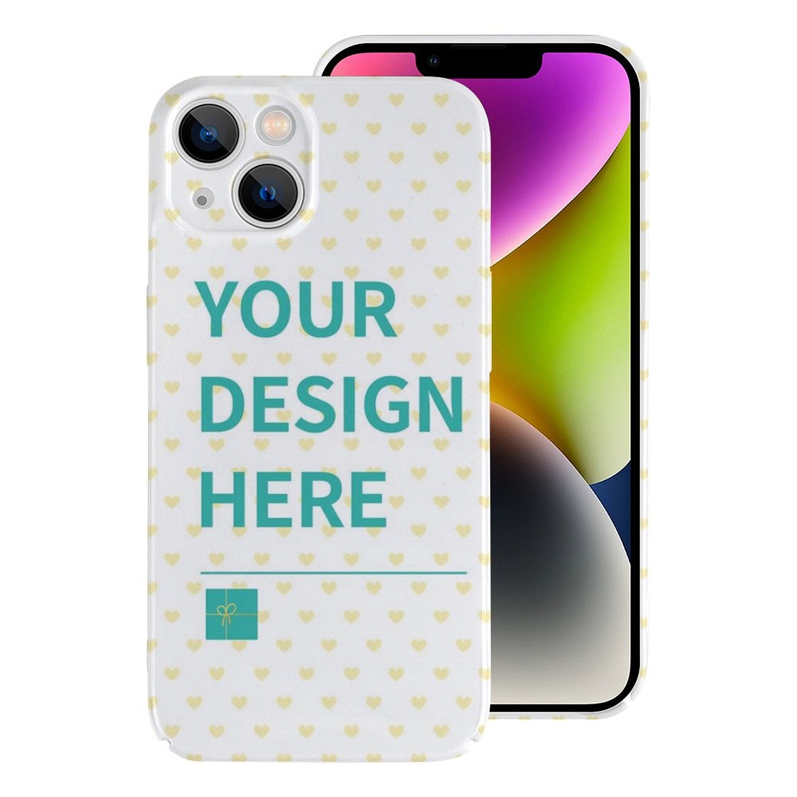 Custom iPhone 14 Pro case with personalized design, white hearts pattern. Durable PC plastic protective cover.