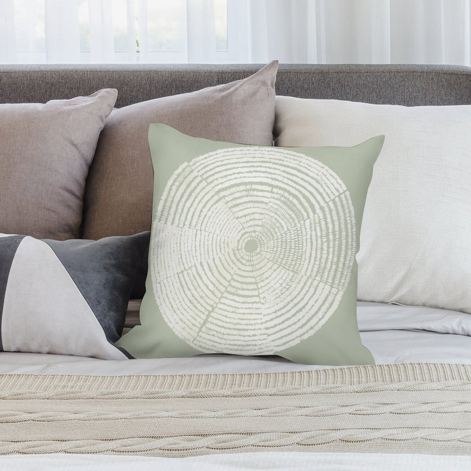Sage green short plush pillow cover with tree ring design, home decor for sofa, couch, bed, car.