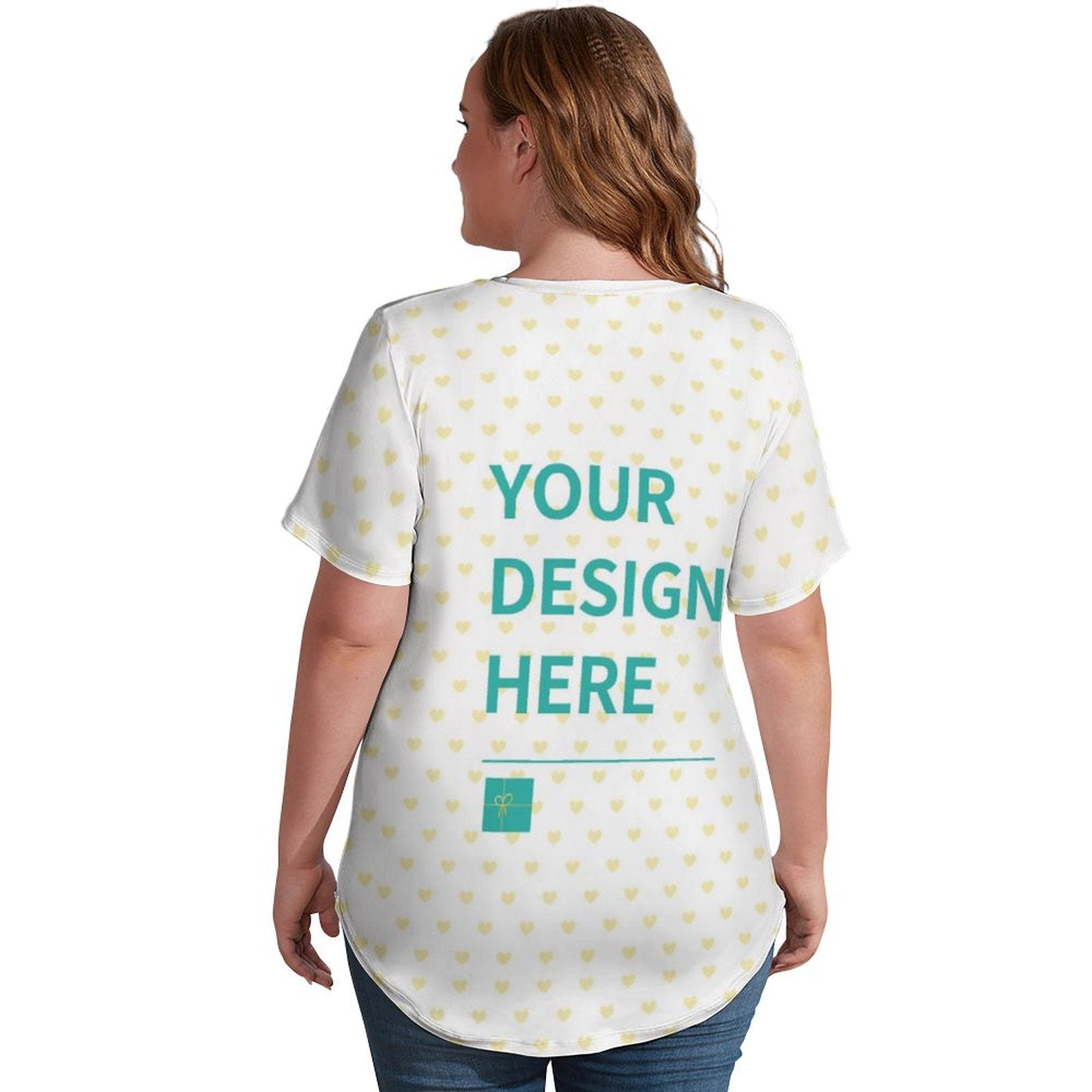 Women's V-neck t-shirt with heart pattern, customizable design, white top from MyArtsyGift.com.