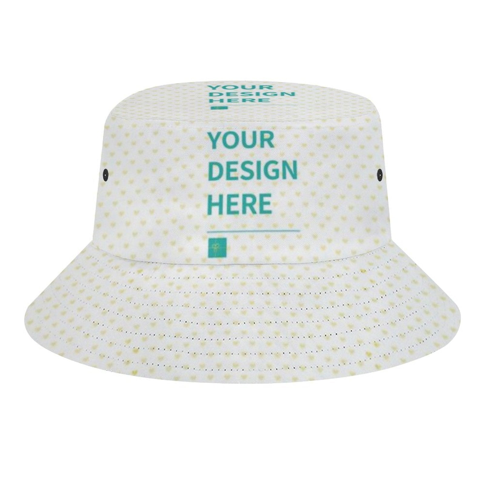 Personalized bucket hat with "YOUR DESIGN HERE" text, suitable for men and women. Great for fishing, hiking, and travel.