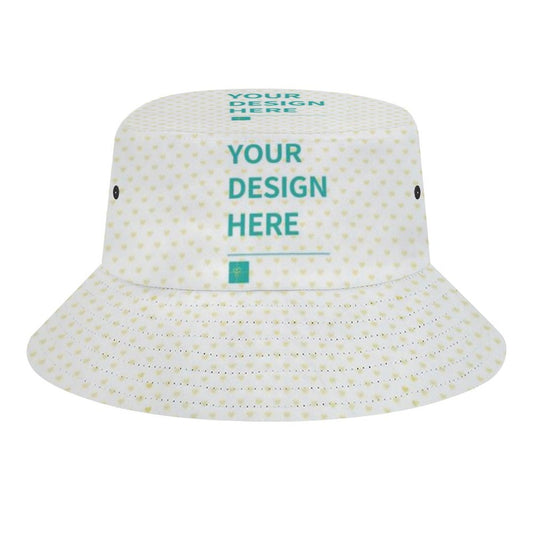 Personalized bucket hat with "YOUR DESIGN HERE" text, suitable for men and women. Great for fishing, hiking, and travel.