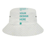 Personalized bucket hat with "YOUR DESIGN HERE" text, suitable for men and women. Great for fishing, hiking, and travel.