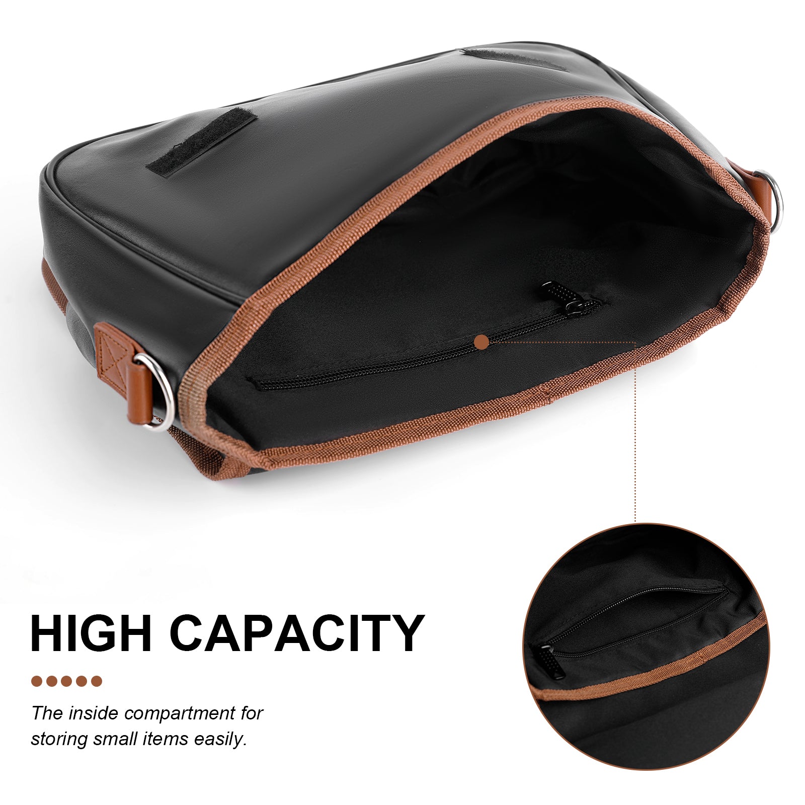 Black PU leather crossbody bag with brown trim, highlighting its high capacity and zippered inner pocket.
