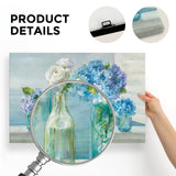 Canvas print of blue hydrangeas and white roses in glass jars, perfect wall decor, Material and hardware details.
