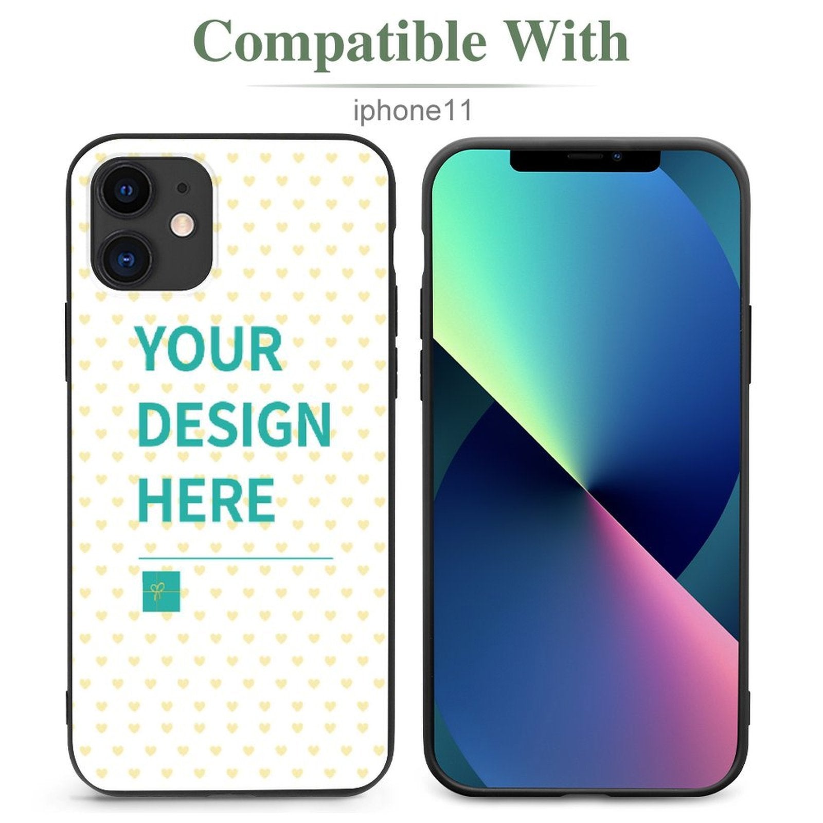 Customizable iPhone 11 case with your design, soft TPU material, and heart pattern, available at MyArtsyGift.com