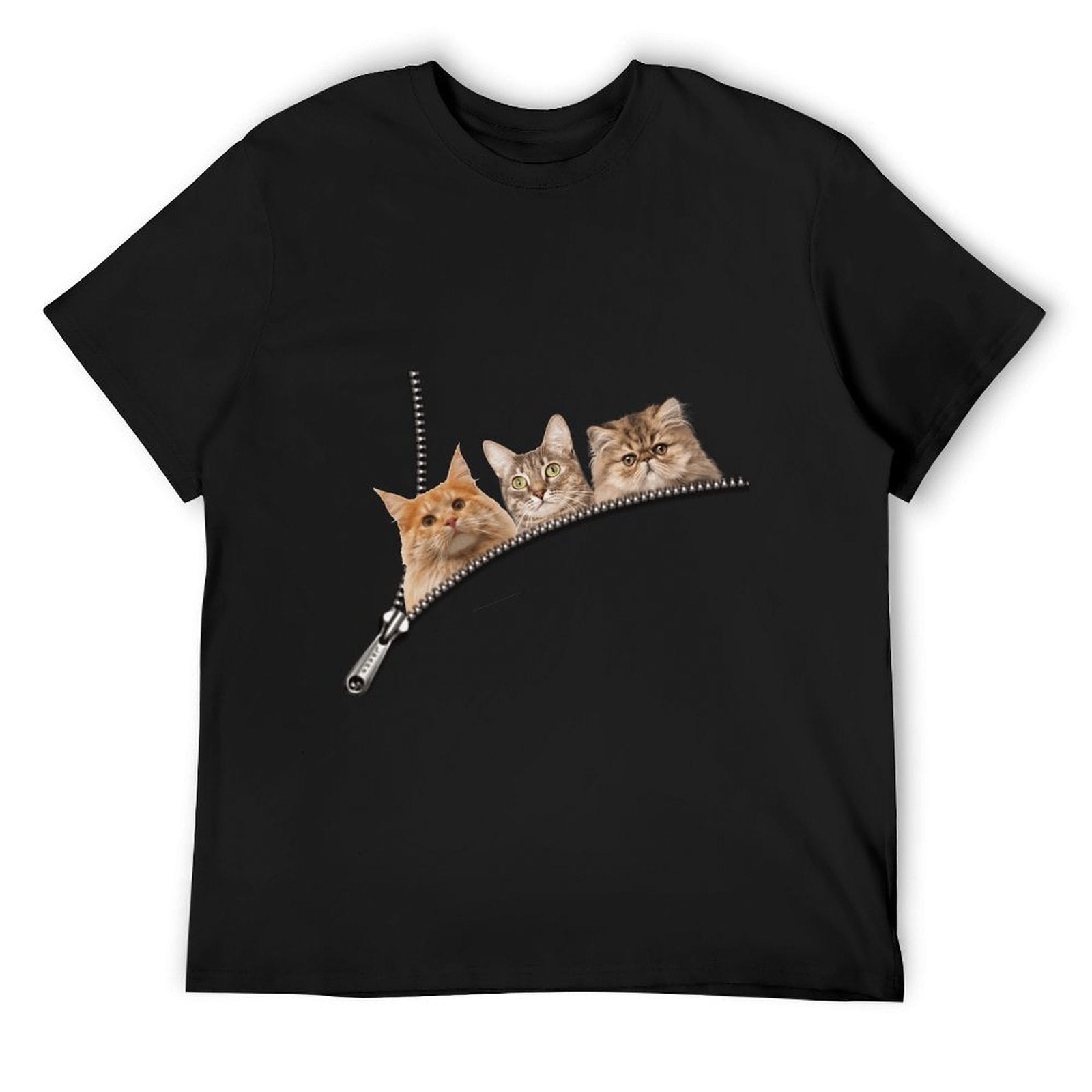 Black men's t-shirt with cat zipper pocket design. Classic crew neck tee for men, available in sizes S-6XL.
