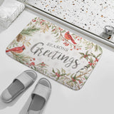 Coral velvet bath rug with Seasons Greetings, cardinal bird design for bathroom