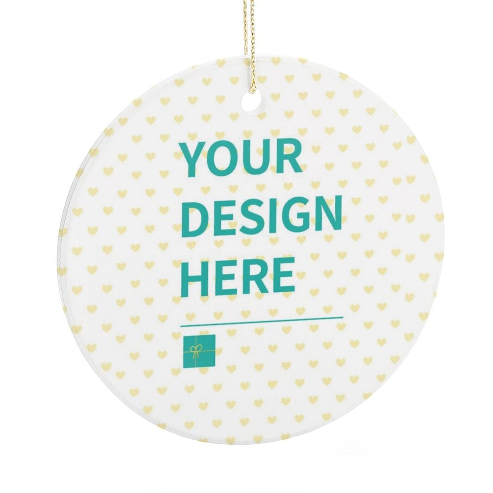 Personalized ceramic Christmas ornament with custom design area and heart pattern, Made in USA