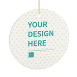 Personalized ceramic Christmas ornament with custom design area and heart pattern, Made in USA