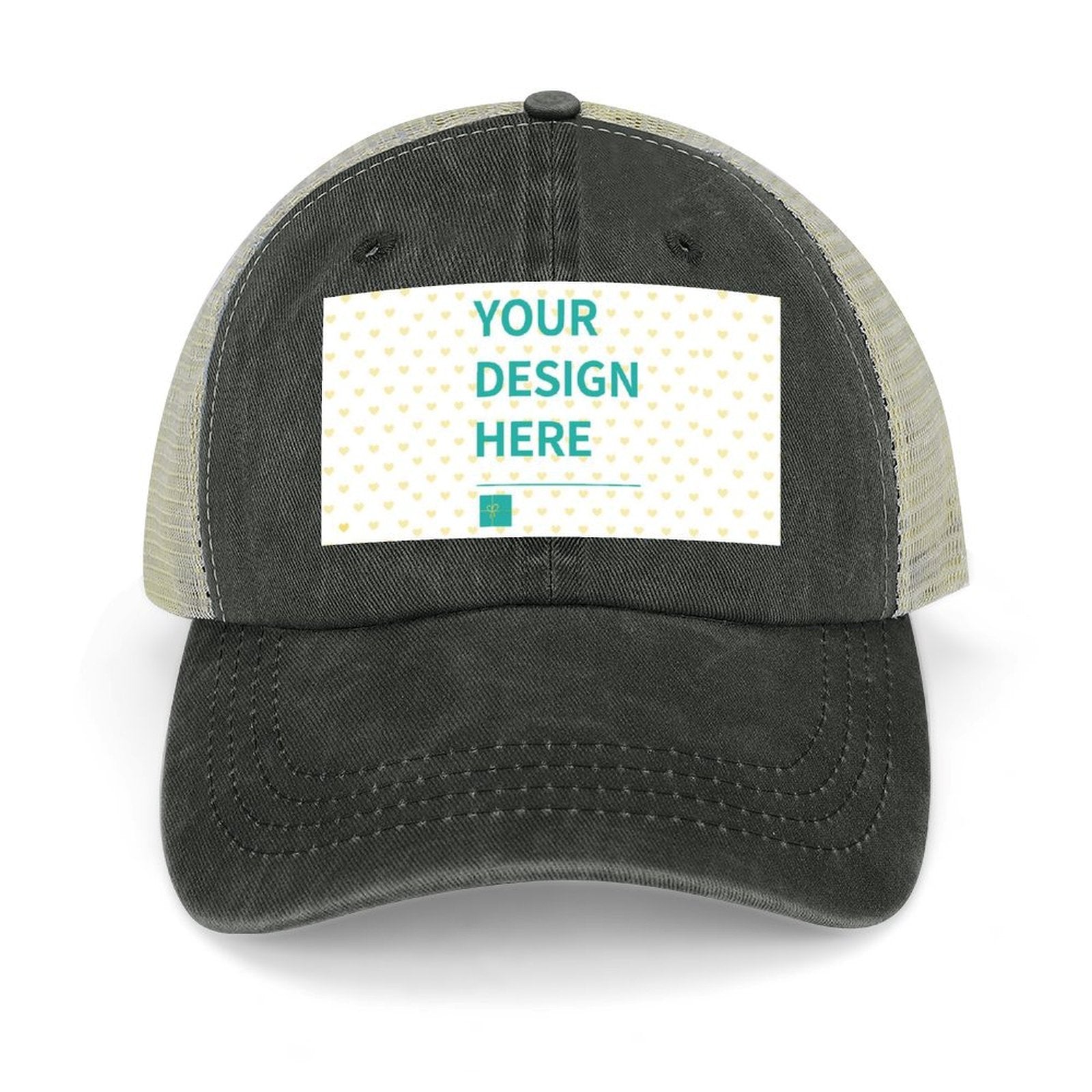 Custom hat with 'YOUR DESIGN HERE' on a white label, cotton denim baseball cap, customize your own hat