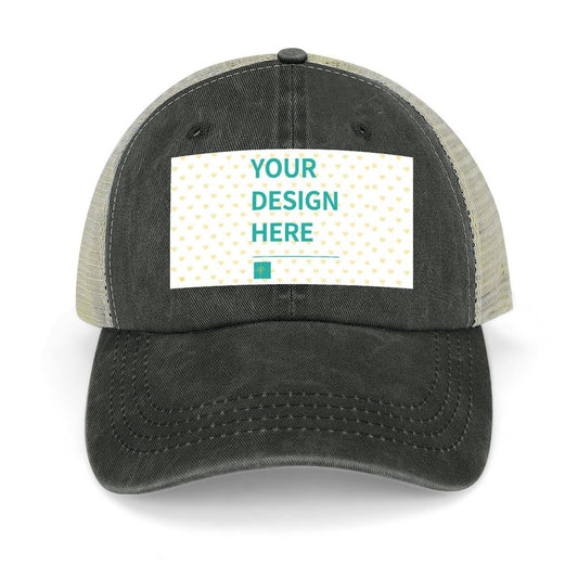 Custom hat with 'YOUR DESIGN HERE' on a white label, cotton denim baseball cap, customize your own hat