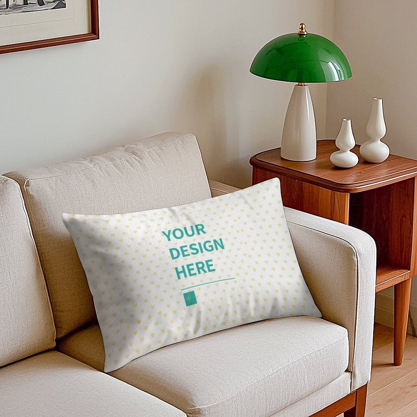 Custom golden velvet pillowcase on a sofa, featuring 'Your Design Here' text, perfect for living room decor