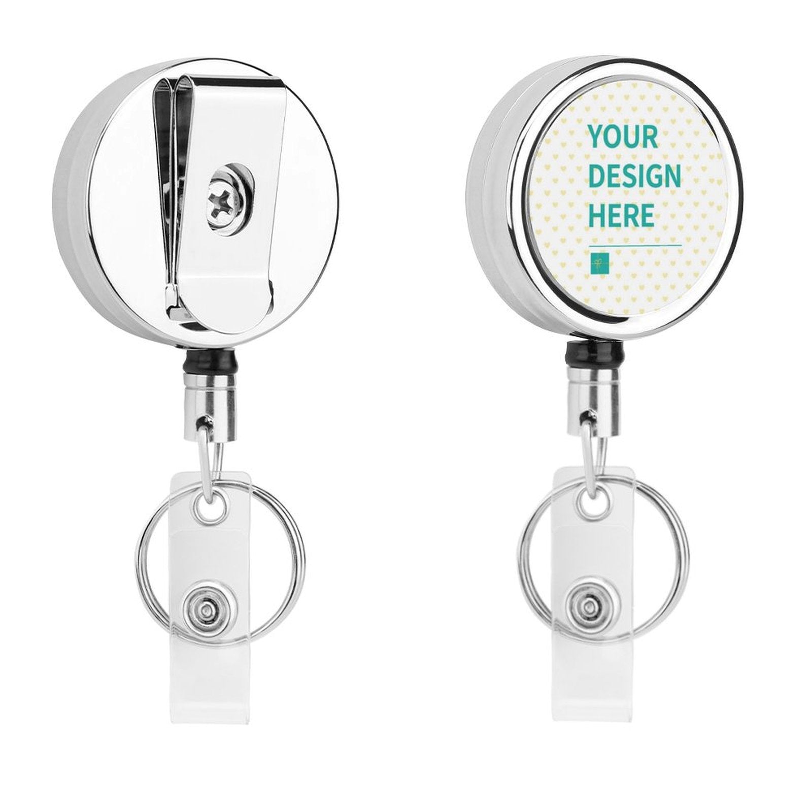 Custom badge reel holder with 'YOUR DESIGN HERE' text, stainless steel ID clip.