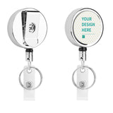Custom badge reel holder with 'YOUR DESIGN HERE' text, stainless steel ID clip.