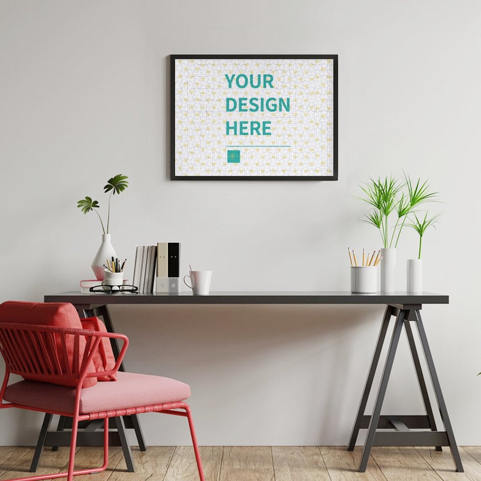 Custom photo puzzle framed on a wall with 'YOUR DESIGN HERE' text; a personalized wooden jigsaw puzzle gift.