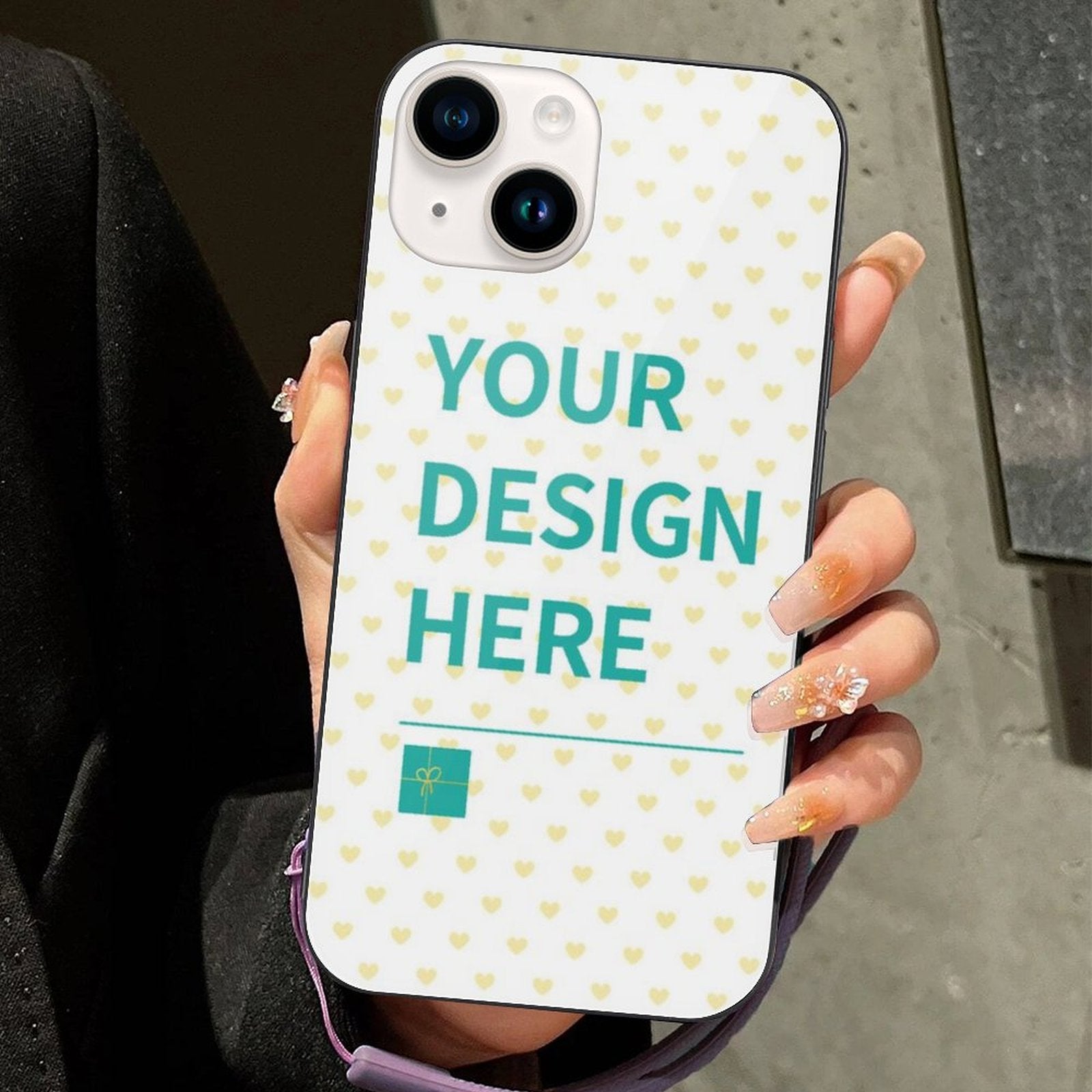 Custom iPhone 14 case with 'YOUR DESIGN HERE' text & heart pattern design, MyArtsyGift.com