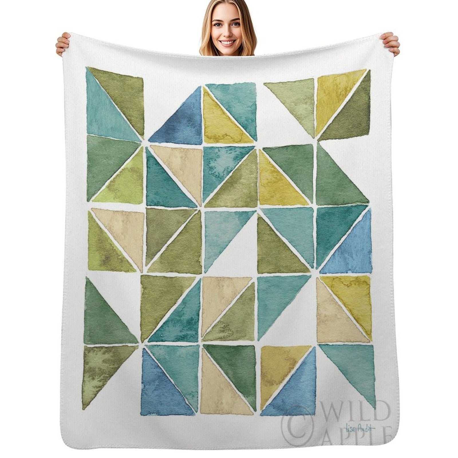 My Greenhouse Geo Lamb Wool Fleece Blanket - Geometric design in greens, blues, and beige. Made with soft, durable materials.