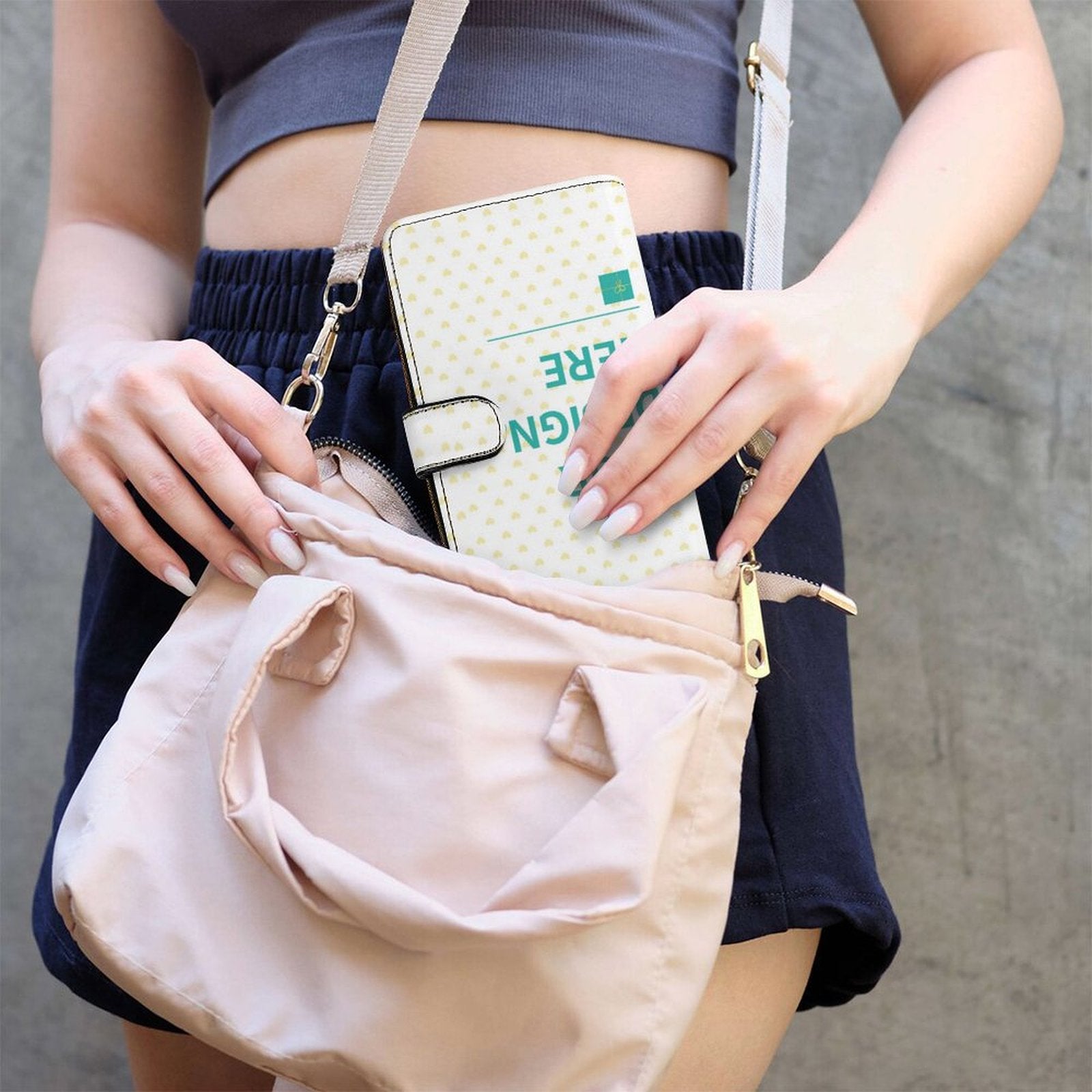 Personalized PU leather wallet with 'YOUR DESIGN HERE' in a pink purse, ideal gift from MyArtsyGift.