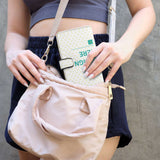 Personalized PU leather wallet with 'YOUR DESIGN HERE' in a pink purse, ideal gift from MyArtsyGift.