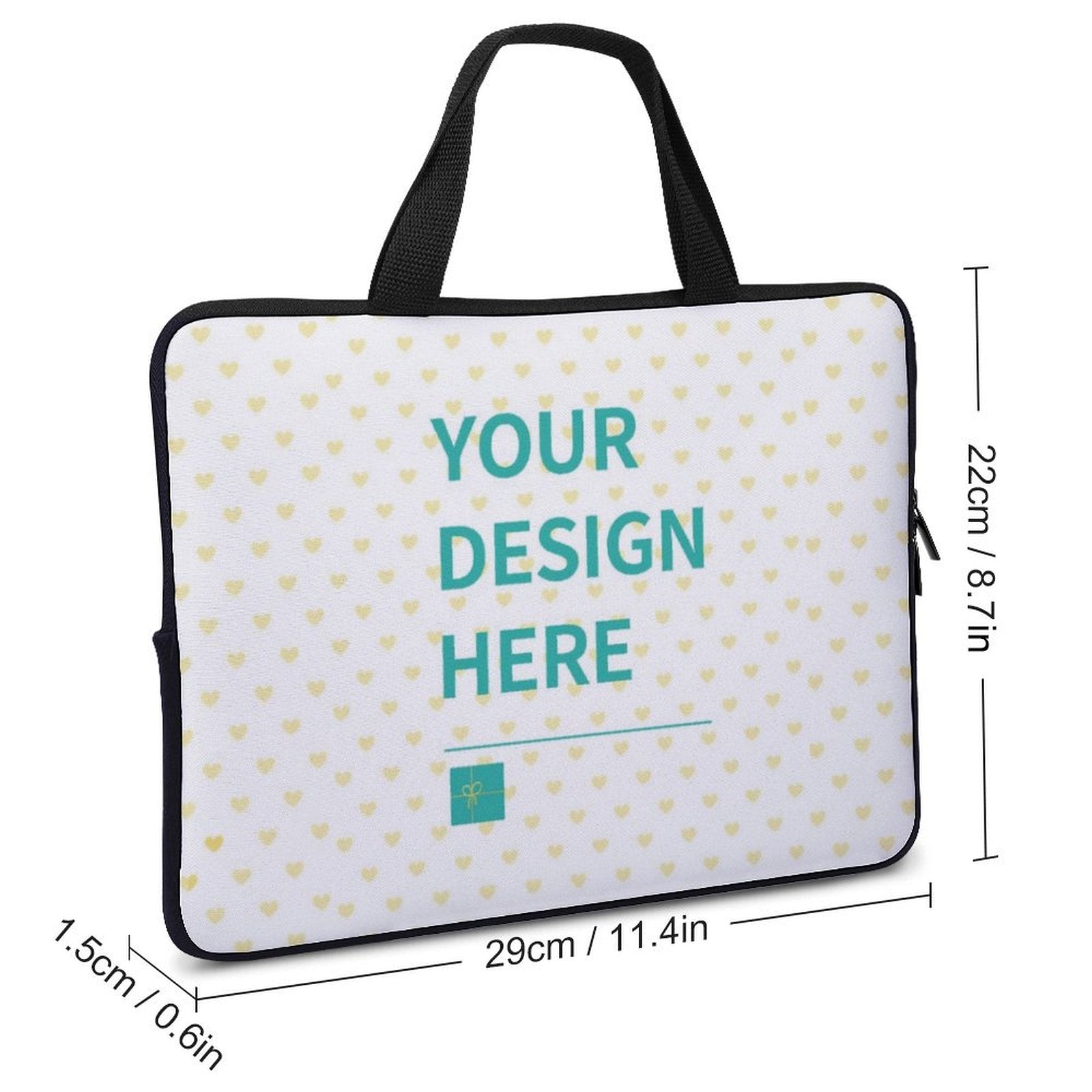 Personalized laptop bag with "YOUR DESIGN HERE" text, customizable laptop sleeve, perfect gift.