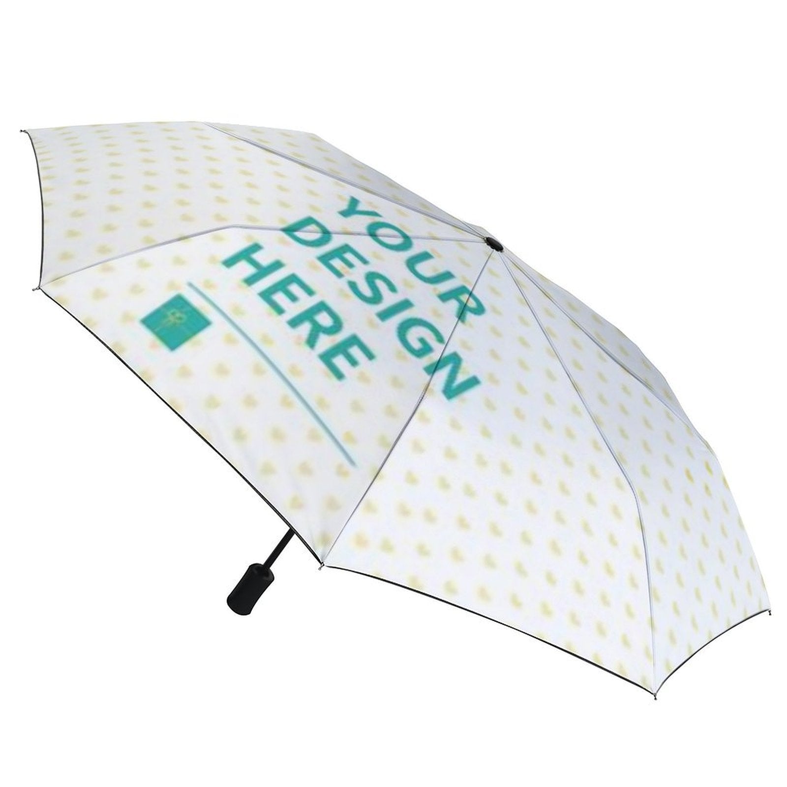 Customizable 3-Fold Auto Umbrella with Your Design, White with Yellow Heart Pattern, Ideal Gift