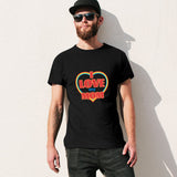 Black men's crew neck t-shirt featuring 'I Love My Mom' design from MyArtsyGift, comfortable cotton tee.