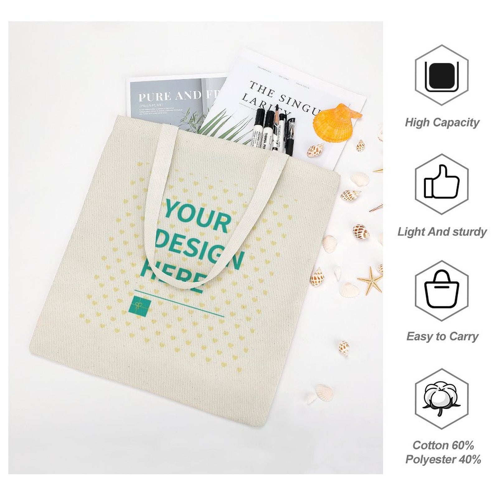 Customizable canvas tote bag with YOUR DESIGN HERE, perfect for shopping or travel, cotton blend.