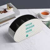 Custom PU leather remote control holder with 'YOUR DESIGN HERE' text, perfect for organizing remotes and makeup brushes.