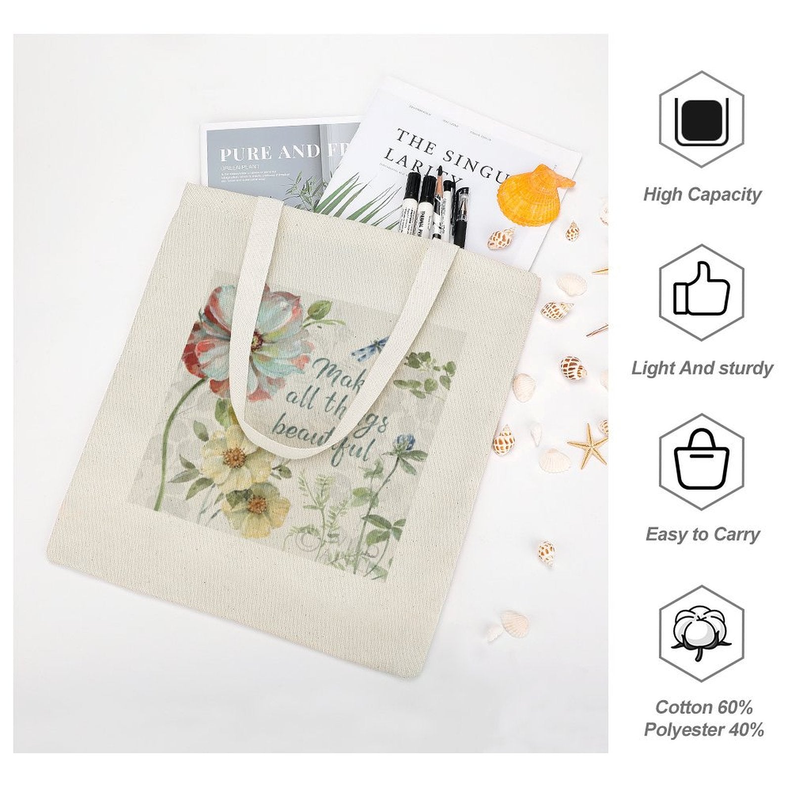 Floral canvas tote bag, 'Make all things beautiful' quote, cotton blend, perfect for shopping