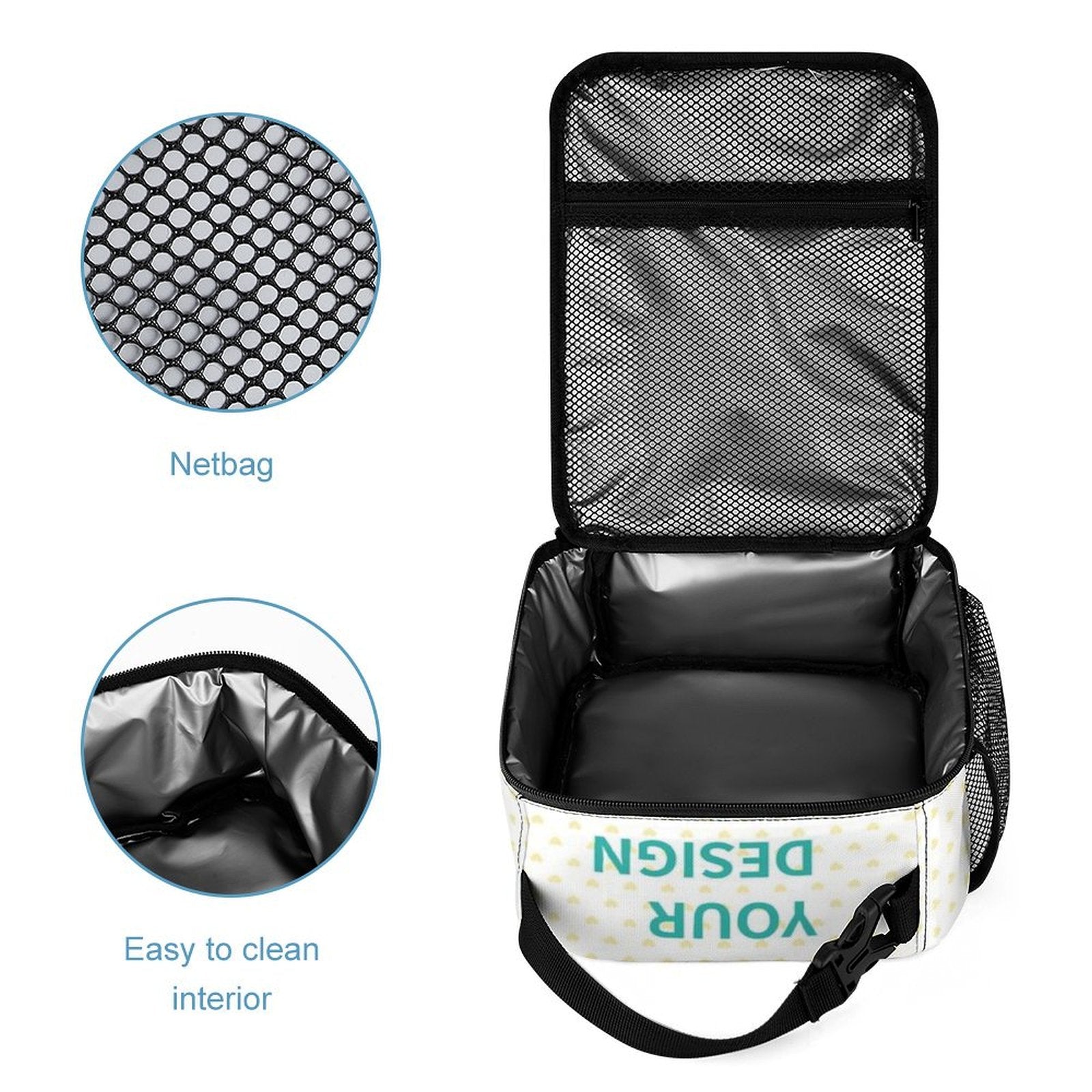 Custom insulated lunch tote with Your Design, leakproof, for work/picnic. Features: net bag, easy-clean interior.