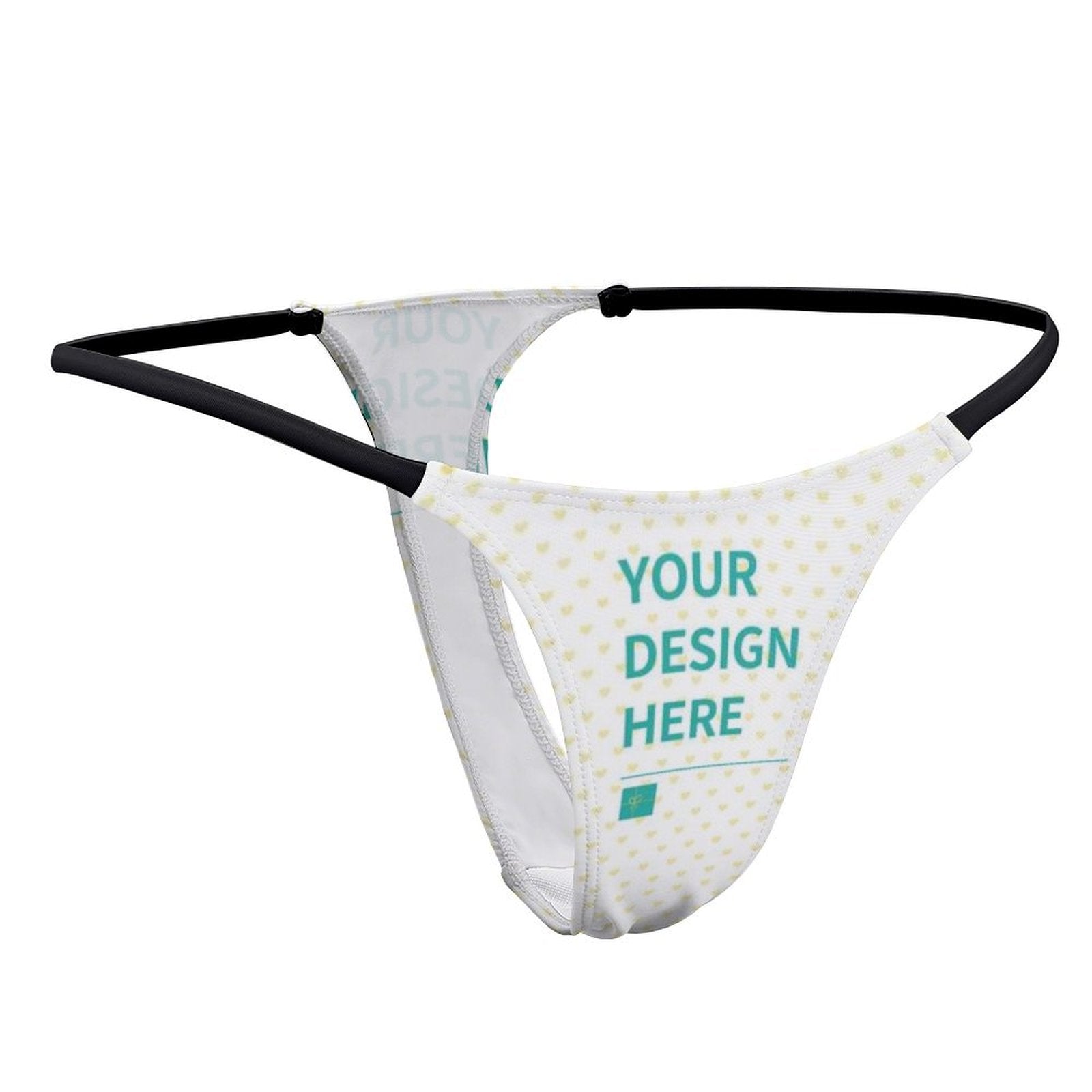 Custom thong for women featuring 'YOUR DESIGN HERE', white fabric with yellow hearts, sexy panties