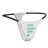 Custom thong for women featuring 'YOUR DESIGN HERE', white fabric with yellow hearts, sexy panties