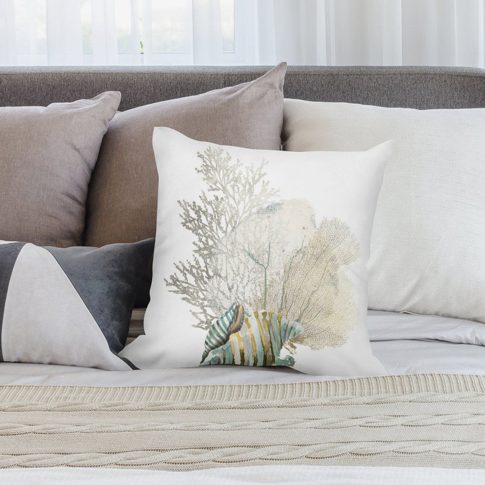 Plush throw pillow cover with watercolor seashell and coral design, sofa decor