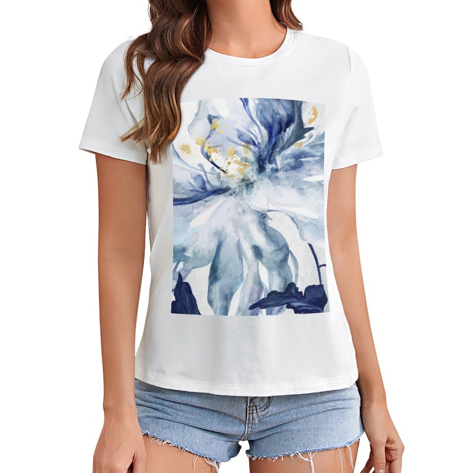 MyArtsyGift women's white short sleeve t-shirt with blue floral graphic print.