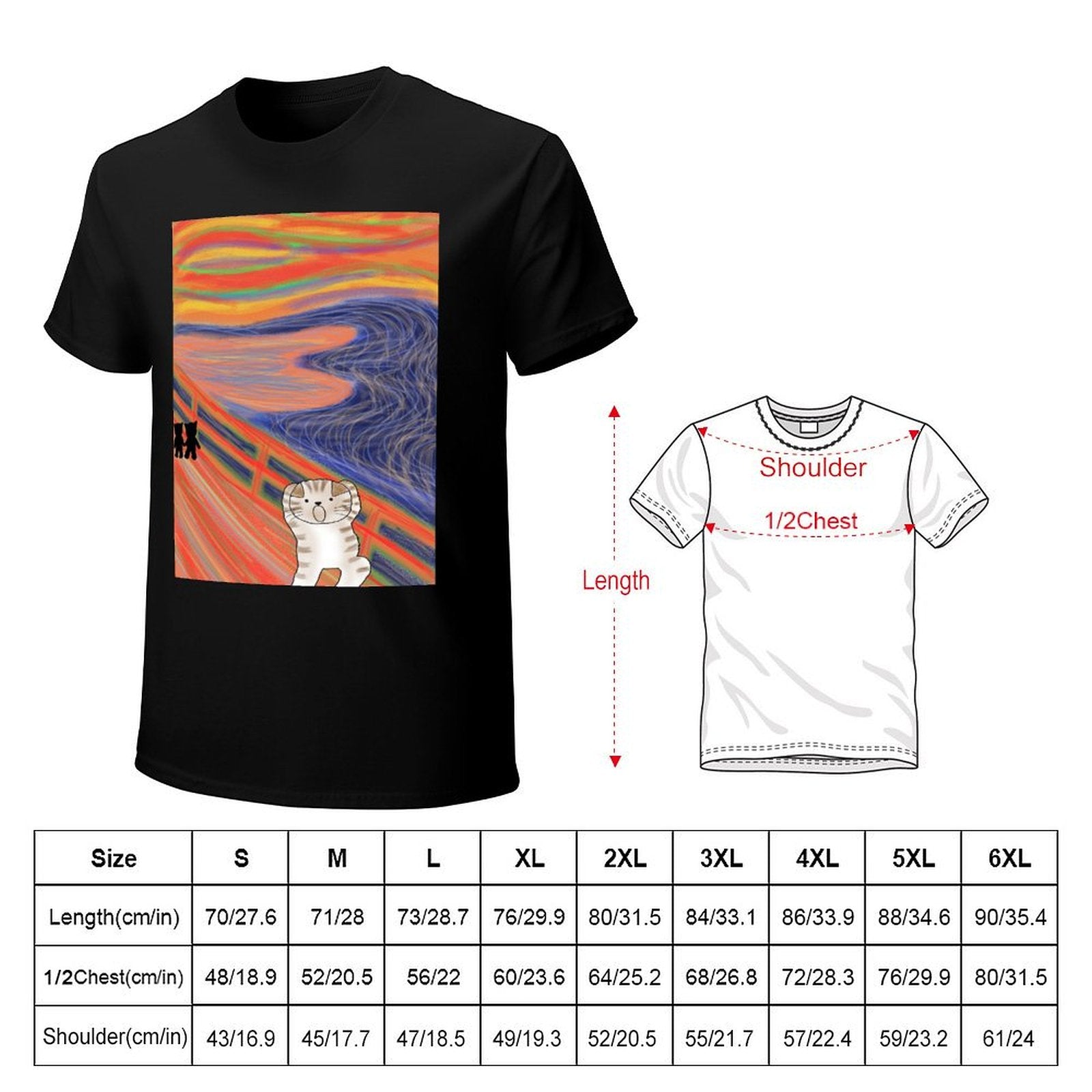 Men's black cotton t-shirt with cat-themed 'The Scream' art and size chart for classic tees.