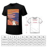 Men's black cotton t-shirt with cat-themed 'The Scream' art and size chart for classic tees.