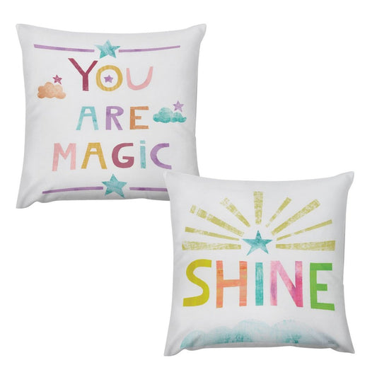 Set of 2 Short plush pillow covers with “You are Magic” and “Shine” colorful text on white.