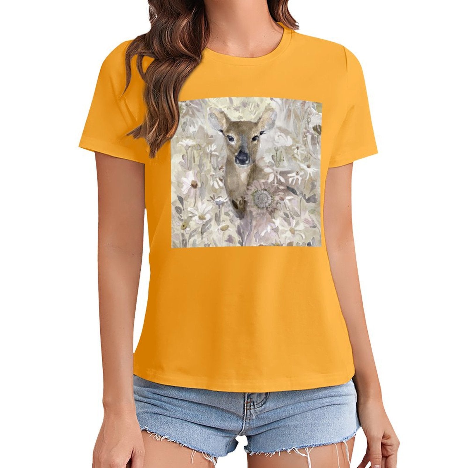 Women's yellow t-shirt featuring deer graphic print, short sleeve crewneck tee, MyArtsyGift