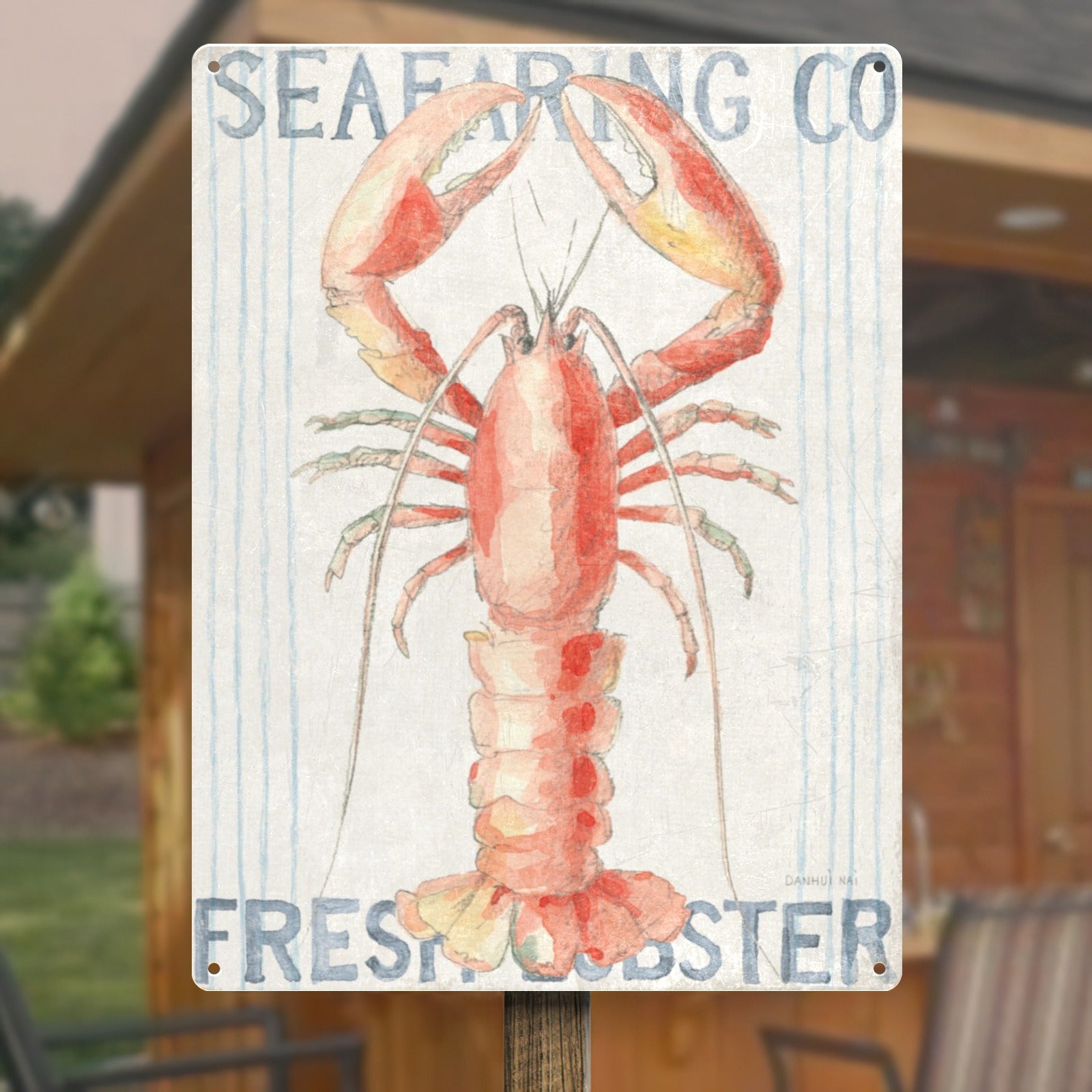 Fresh Lobster Metal Sign for Kitchen Bar Wall Decor. Red lobster watercolor art on white metal sign