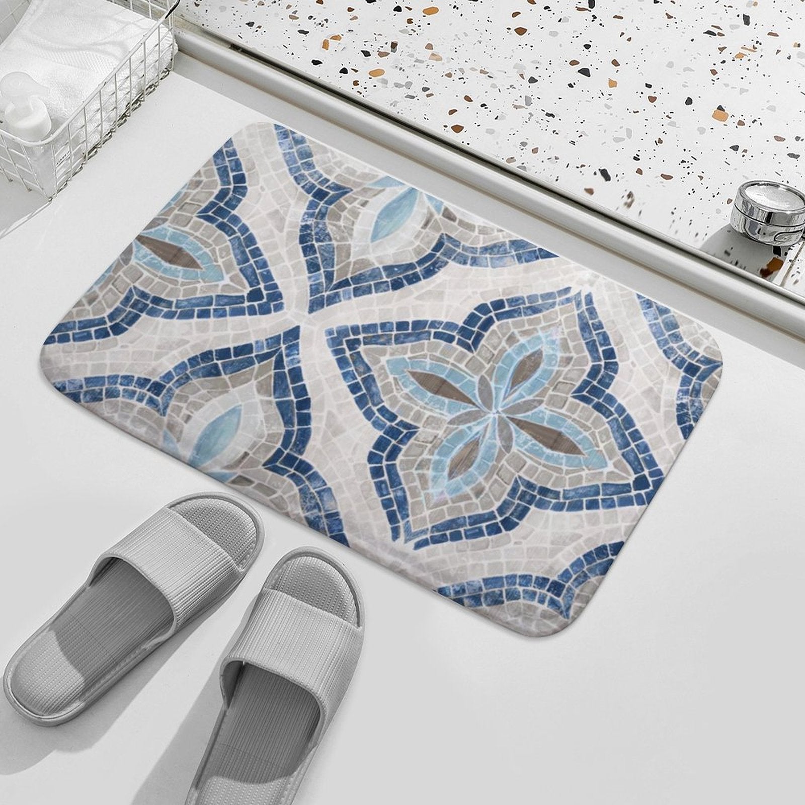 Coral velvet mosaic bath rug in blue, gray, and white, non-slip bathroom floor carpet