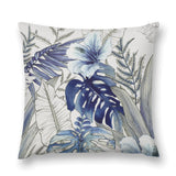 Blue floral plush throw pillow cover, tropical leaves and flower design