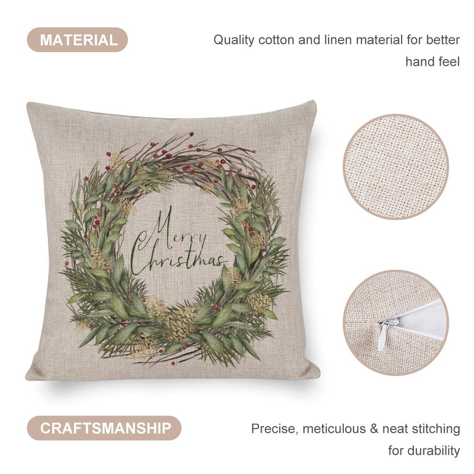 Cotton linen Christmas pillow cover with Merry Christmas text and wreath design, durable & soft