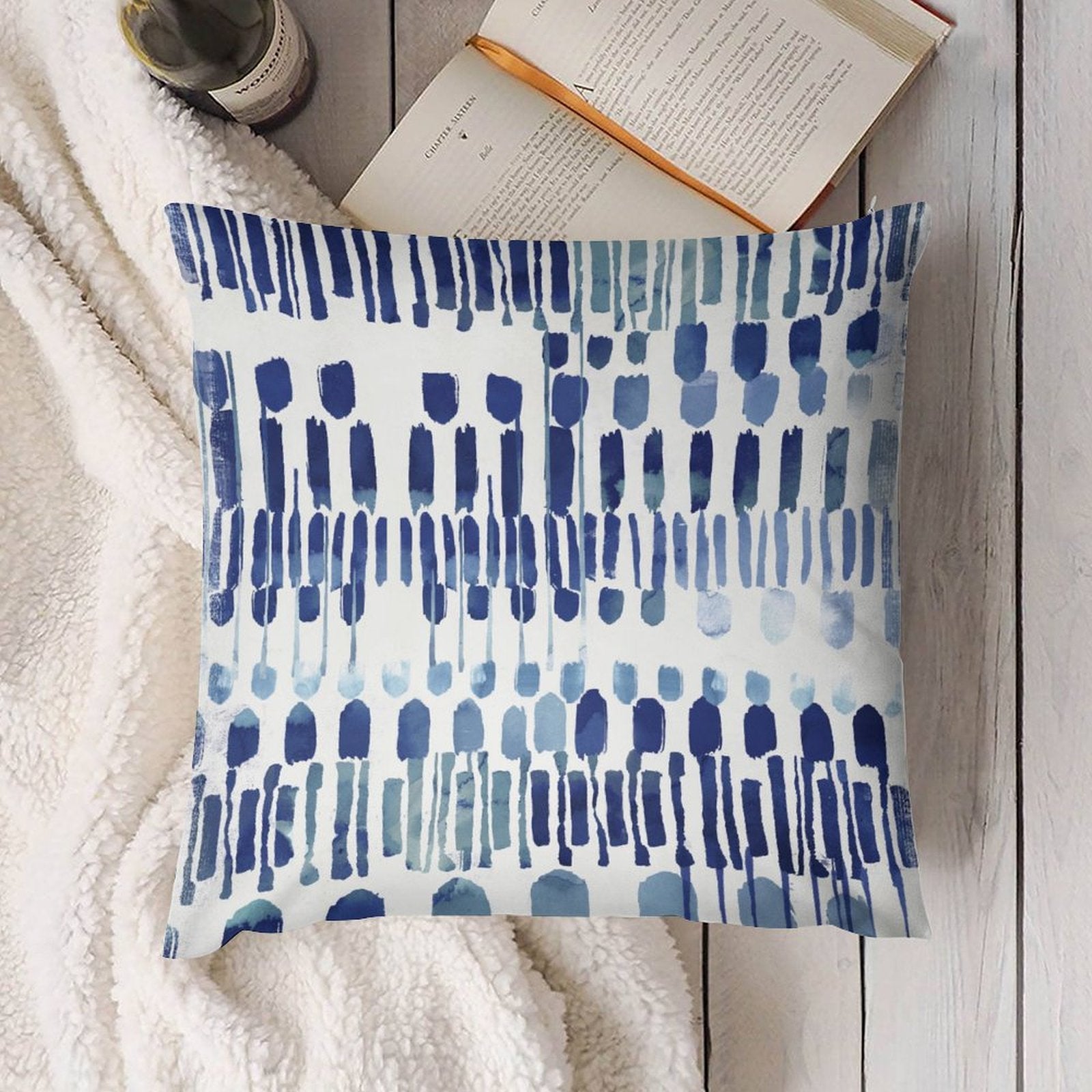Blue abstract pattern plush pillow cover, soft and decorative for sofa or couch, MyArtsyGift