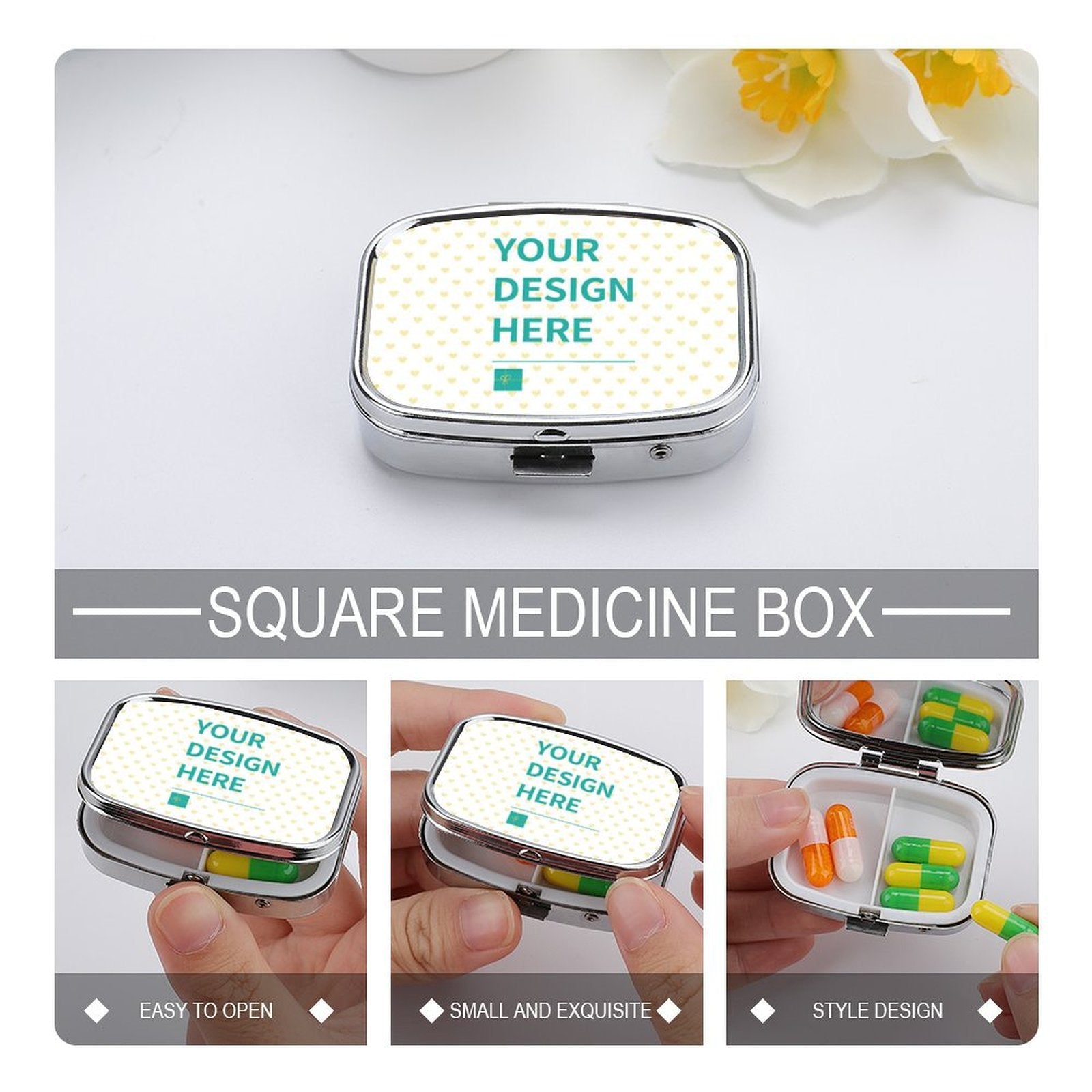 Customizable square pill box with personalized design, perfect portable travel medicine container in metal.