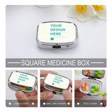 Customizable square pill box with personalized design, perfect portable travel medicine container in metal.