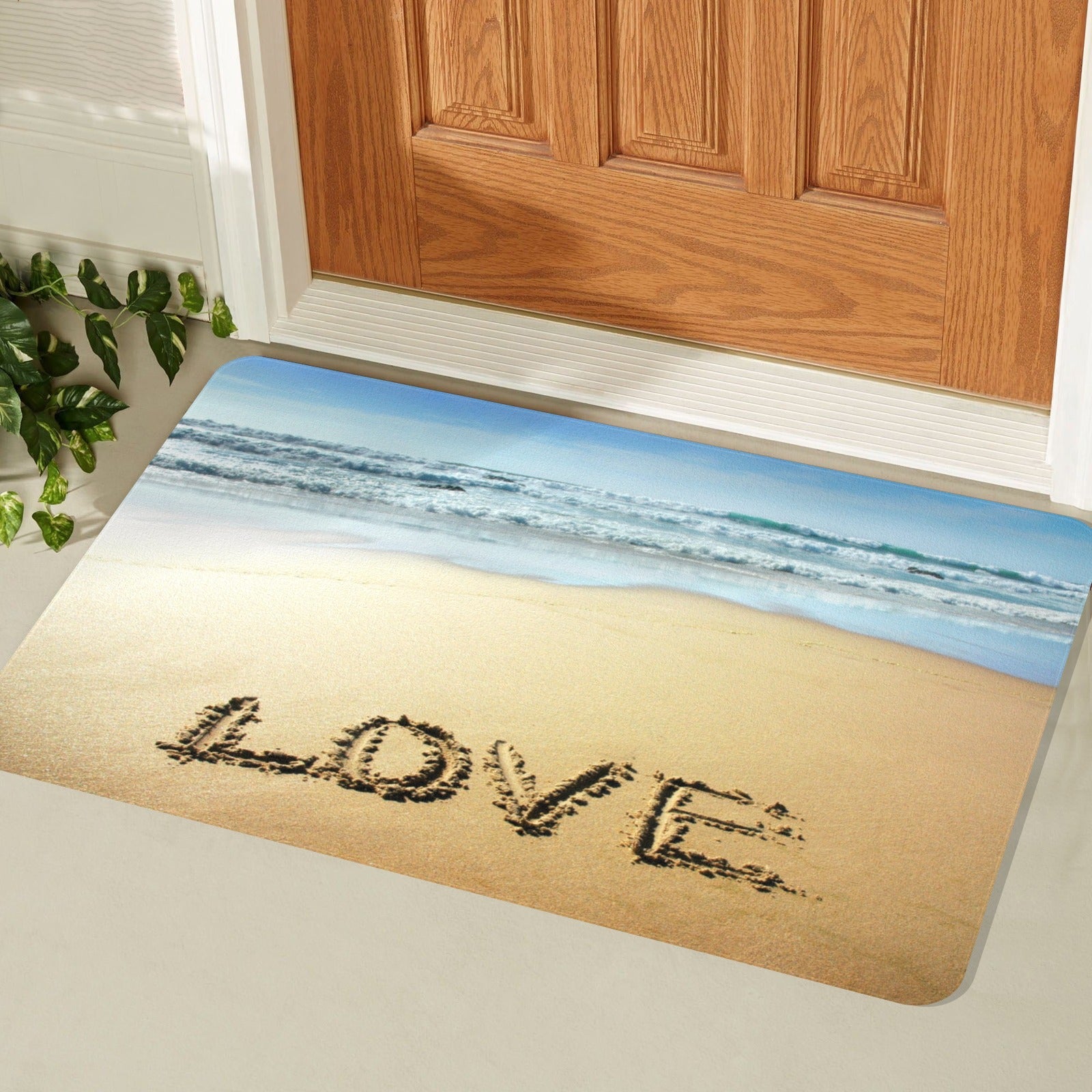 Love Entrance Doormat with Ben Heine beach scene, rubber floor mat for indoor or outdoor use