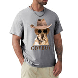 Men's gray cowboy dog t-shirt. Classic crew neck tee with graphic; perfect casual wear. Pure cotton fabric.