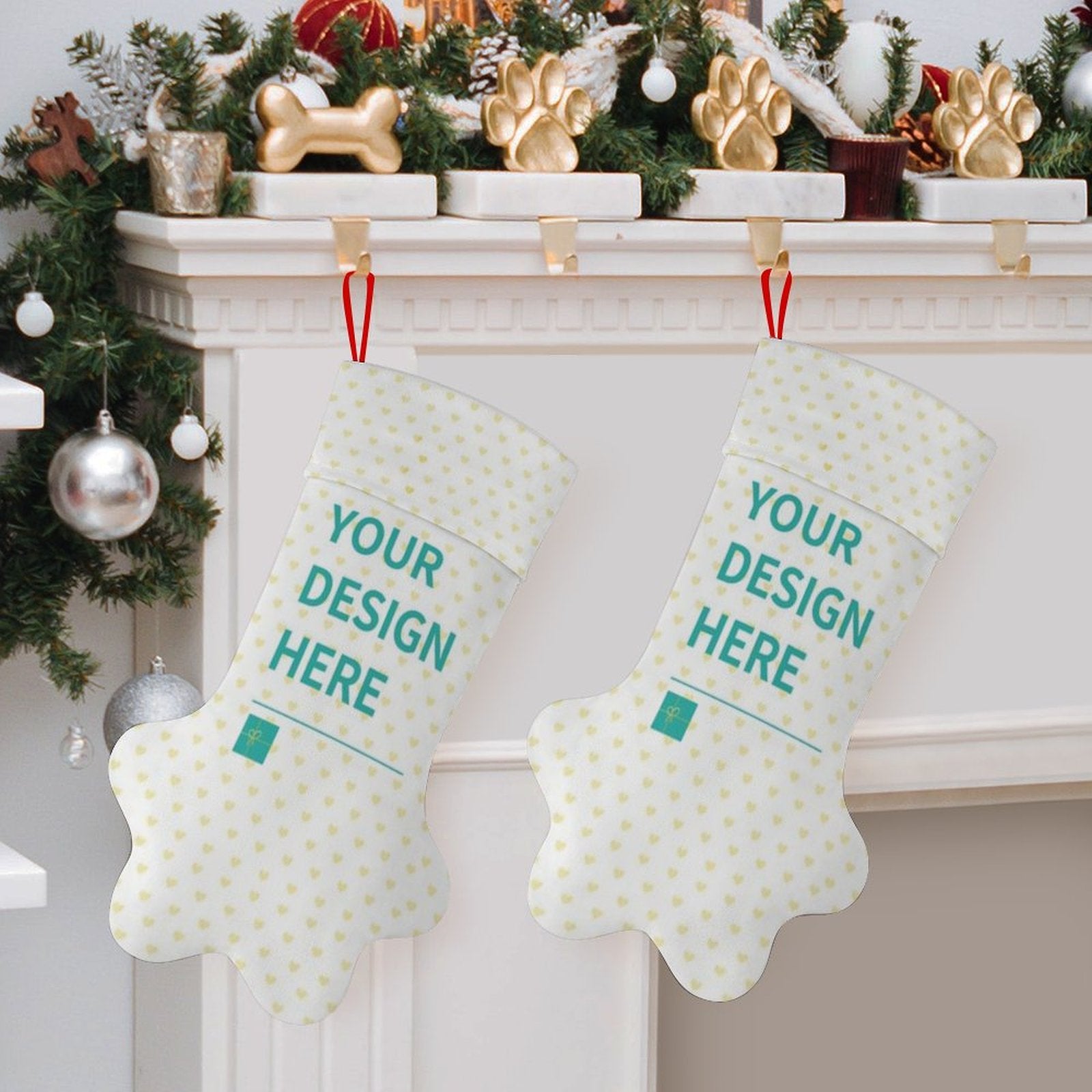 Personalized dog paw Christmas stockings with 'YOUR DESIGN HERE' design, perfect holiday gift, polyester fabric