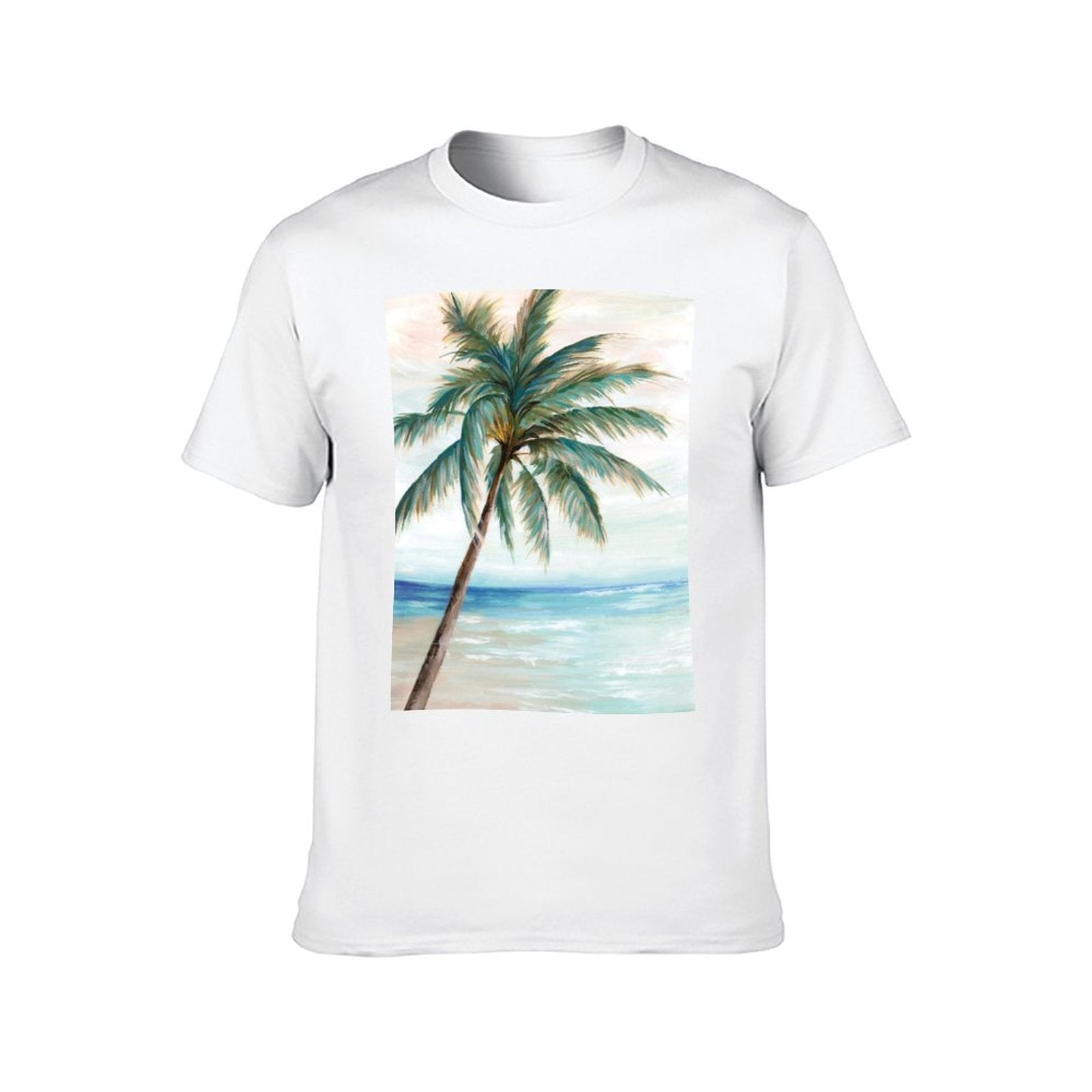 White men's t-shirt with palm tree graphic, perfect for casual wear and self-expression. Cotton fabric.