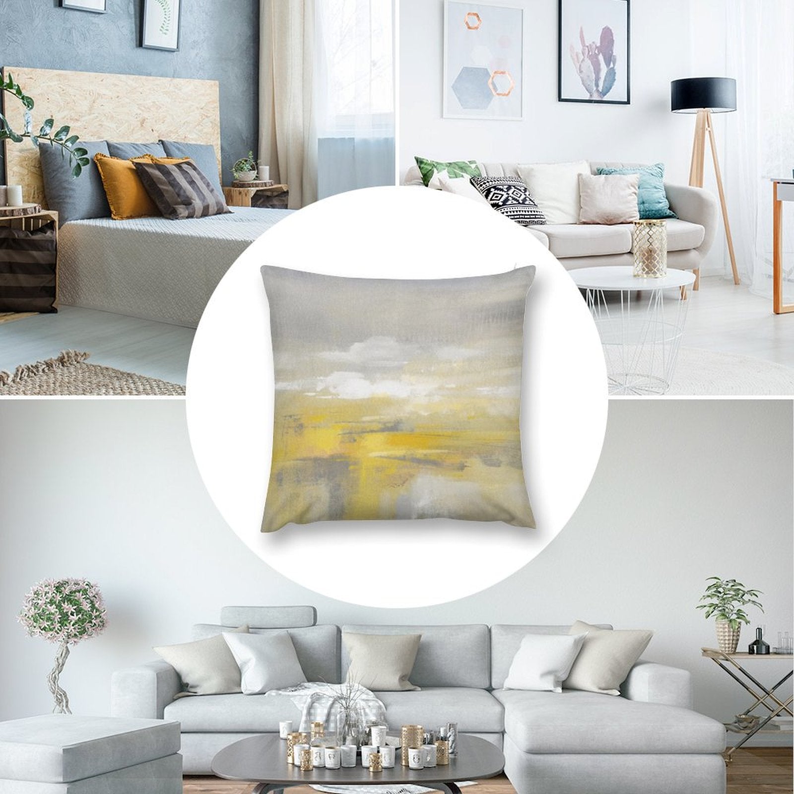 Abstract art pillow cover with yellow, grey, and white hues, perfect for sofa or couch. Soft, plush material.